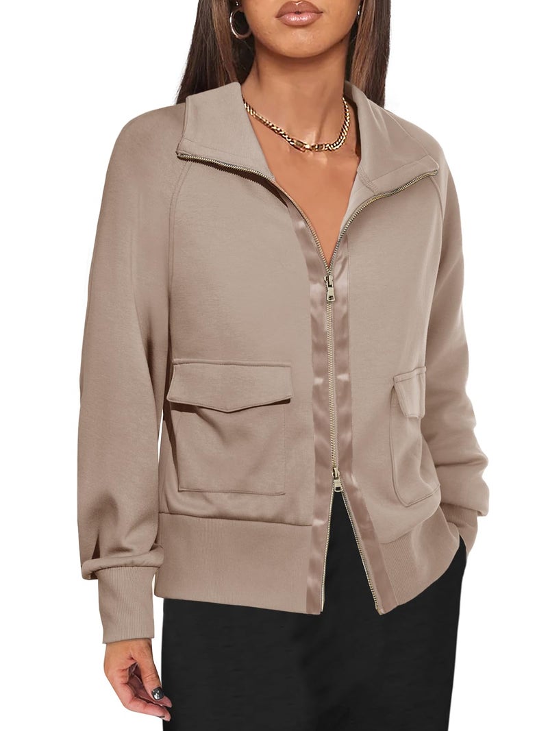 Fisoew Women's Zip up Sweatshirt Collared Neck Long Sleeve Loose Casual Lightweight Jacket with Pockets Khaki - Image 1