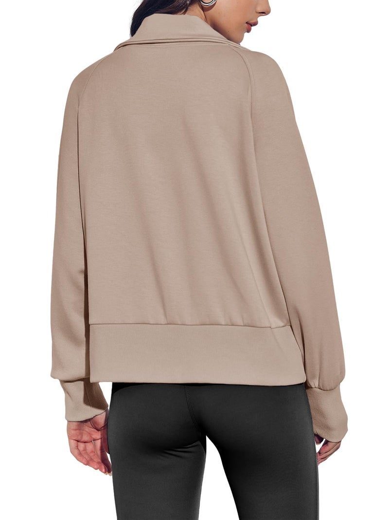 Fisoew Women's Zip up Sweatshirt Collared Neck Long Sleeve Loose Casual Lightweight Jacket with Pockets Khaki - Image 4