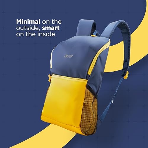 Acer Pulse Lightweight Rich Polyster PU Coated Water-Resistant Backpack, Padded Laptop Sleeve fits up to 15.6 inch, Front Pocket, 2 Side Bottle mesh, Cushioned Straps, Trendy Yellow & Navy Blue Color - Image 2