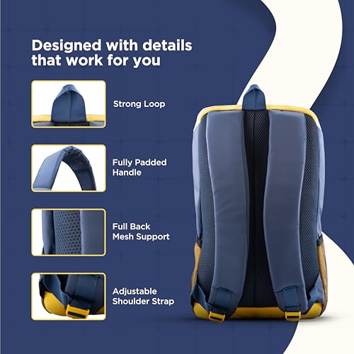 Acer Pulse Lightweight Rich Polyster PU Coated Water-Resistant Backpack, Padded Laptop Sleeve fits up to 15.6 inch, Front Pocket, 2 Side Bottle mesh, Cushioned Straps, Trendy Yellow & Navy Blue Color - Image 3