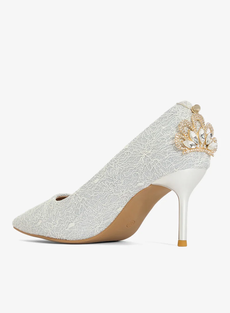 Ella Limited Edition Silver Rhinestone Detail Printed High Heel Stiletto Pumps for Women | Best Price UAE