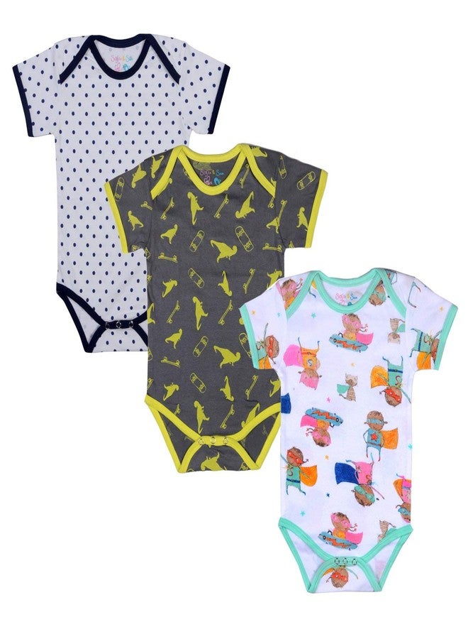 Sofie & Sam Baby Romper Half Sleeves Premium Cotton Pack of 3 - Polka dot/Super Kids/Dianosour (9-12 Months) - Image 1