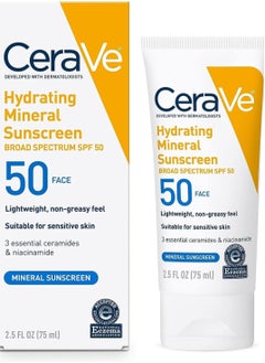 CeraVe 100% Mineral Sunscreen, SPF 50, Facial Sunscreen with Zinc Oxide and Titanium Dioxide for Sensitive Skin, 2.5 oz, 1 Pack (Package May Vary)
