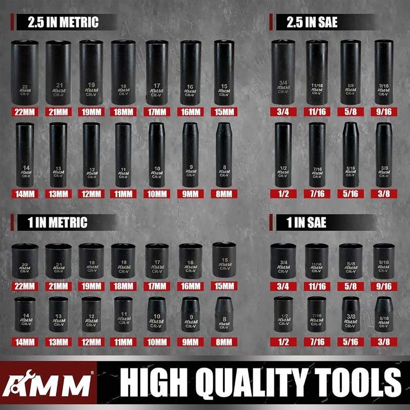AMM 3/8" Drive Impact Socket Set, 48-Piece Standard SAE (5/16 to 3/4 inch) and Metric (8-22mm) Size, 3" and 6" Drive Extension Bar, Impact Universal Joint, 3/8" to 1/2" Impact Adaptor, CR-V - Image 2