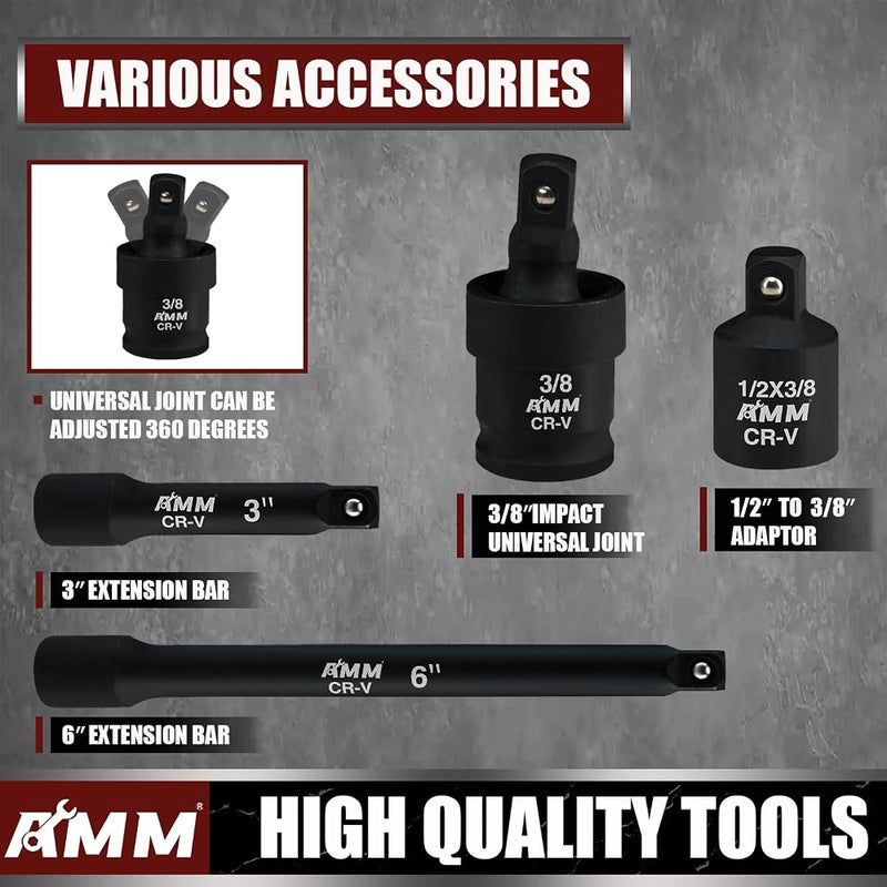 AMM 3/8" Drive Impact Socket Set, 48-Piece Standard SAE (5/16 to 3/4 inch) and Metric (8-22mm) Size, 3" and 6" Drive Extension Bar, Impact Universal Joint, 3/8" to 1/2" Impact Adaptor, CR-V - Image 4