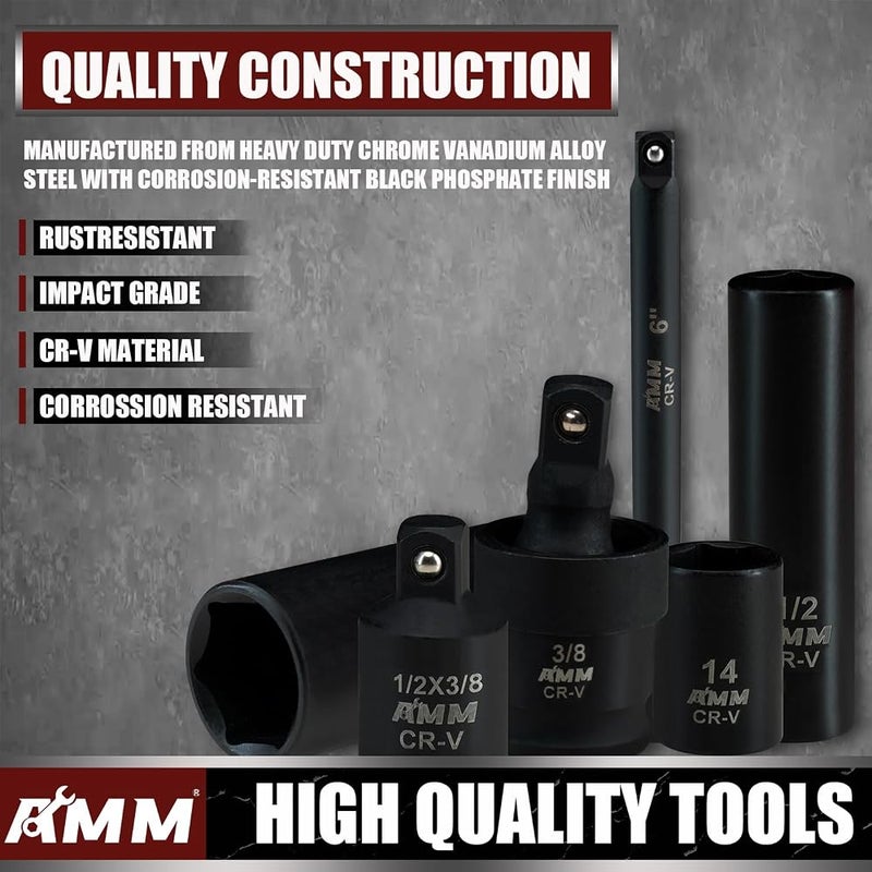 AMM 3/8" Drive Impact Socket Set, 48-Piece Standard SAE (5/16 to 3/4 inch) and Metric (8-22mm) Size, 3" and 6" Drive Extension Bar, Impact Universal Joint, 3/8" to 1/2" Impact Adaptor, CR-V - Image 3