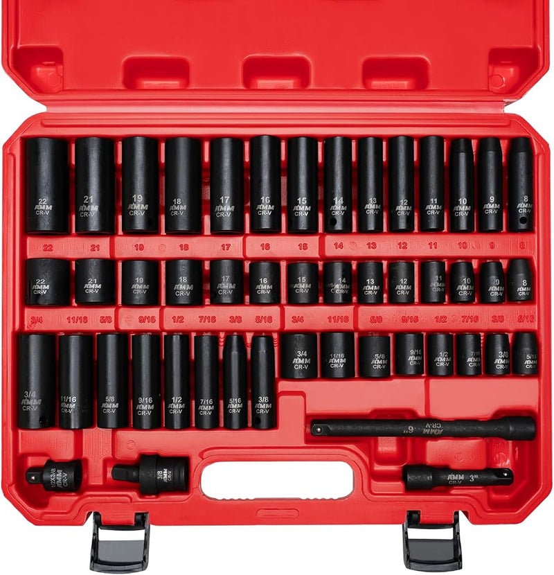 AMM 3/8" Drive Impact Socket Set, 48-Piece Standard SAE (5/16 to 3/4 inch) and Metric (8-22mm) Size, 3" and 6" Drive Extension Bar, Impact Universal Joint, 3/8" to 1/2" Impact Adaptor, CR-V - Image 1