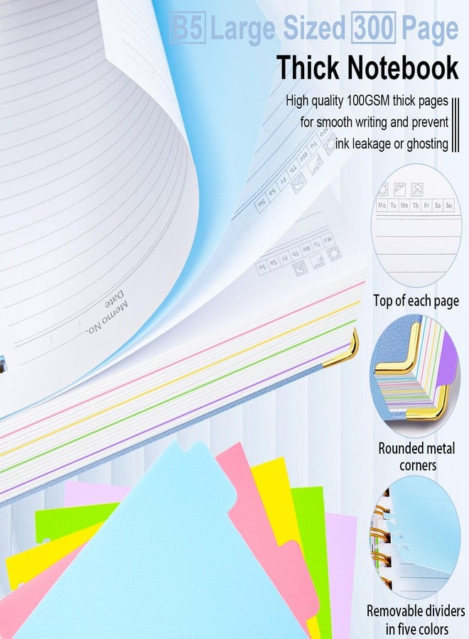 GDGDSY دفتر ملاحظات حلزوني بغلاف مقوى، مقاس 8 × 10 بوصات، مزود بعلامات تبويب وفواصل قابلة للإزالة، 300 صفحة، 5 مواضيع، مسطر، مصنوع من الجلد الصناعي، مناسب للنساء والطالبات وللأعمال المدرسية (بحيرة). - Image 4