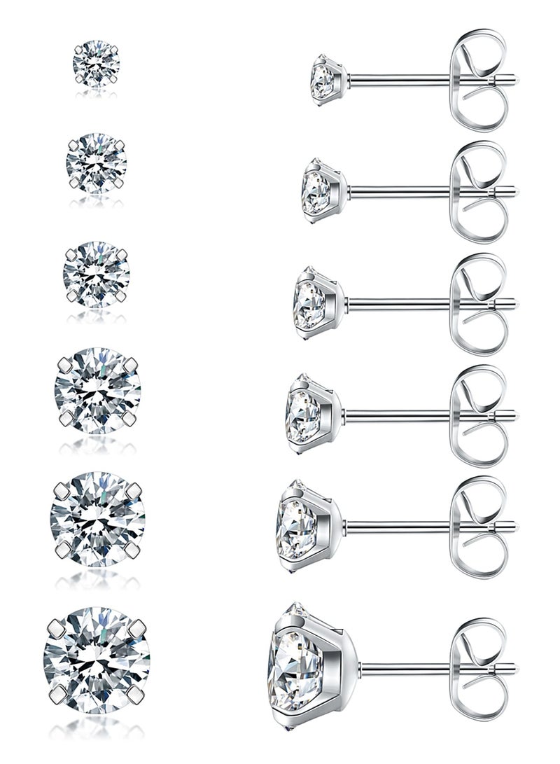 6 Pairs Stud Earrings Set, Hypoallergenic Cubic Zirconia 316L Earrings Stainless Steel CZ Earrings 3-8mm (Steel color) - Image 1