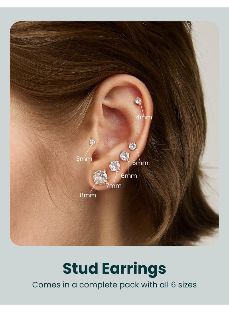 6 Pairs Stud Earrings Set, Hypoallergenic Cubic Zirconia 316L Earrings Stainless Steel CZ Earrings 3-8mm (Steel color) - Image 2
