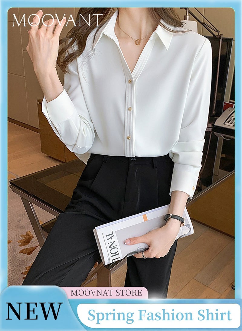 Moovant Women's Comfortable Lapel Long Sleeve Shirt, Elegant Smooth Satin V Neck Shirt, Solid Color Button Casual Professional Formal Long Sleeve Top Shirt, White  - Image 1