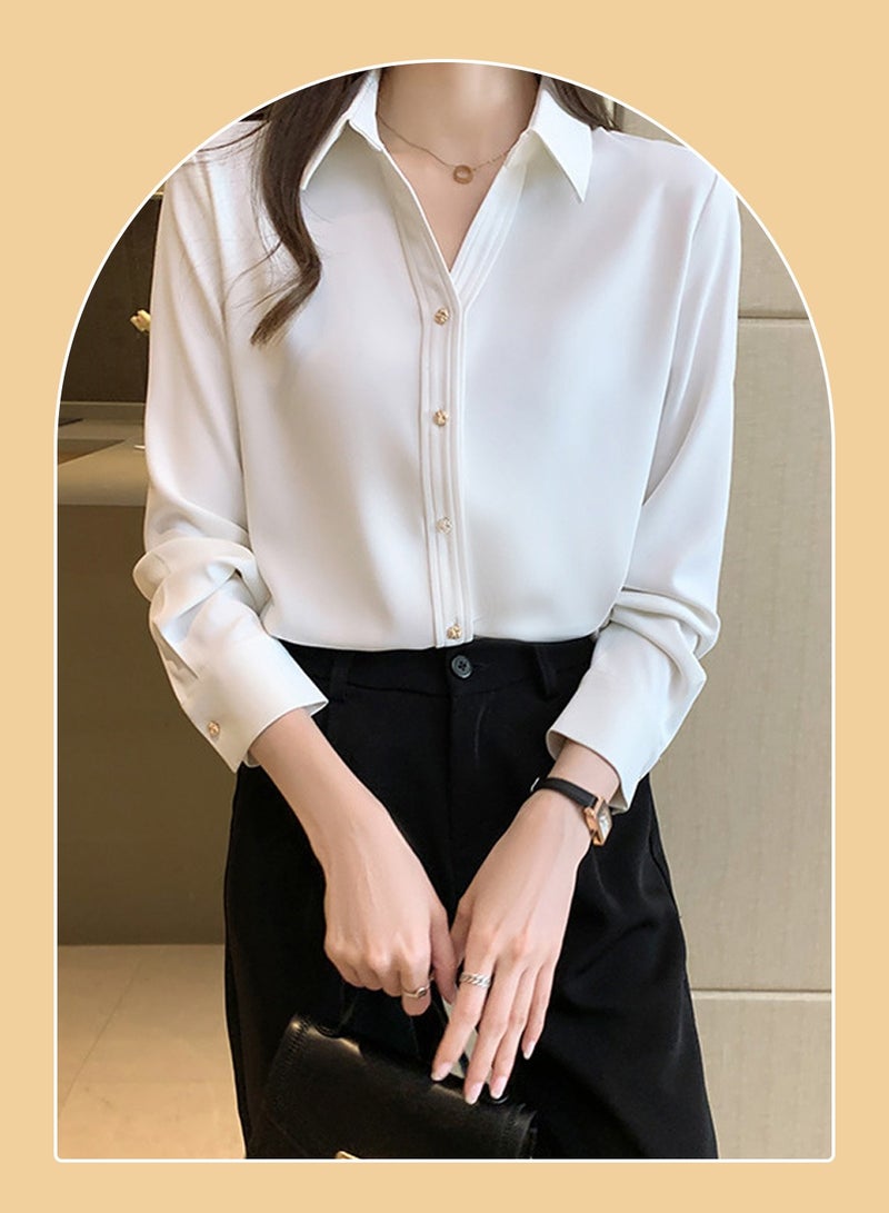Moovant Women's Comfortable Lapel Long Sleeve Shirt, Elegant Smooth Satin V Neck Shirt, Solid Color Button Casual Professional Formal Long Sleeve Top Shirt, White  - Image 5