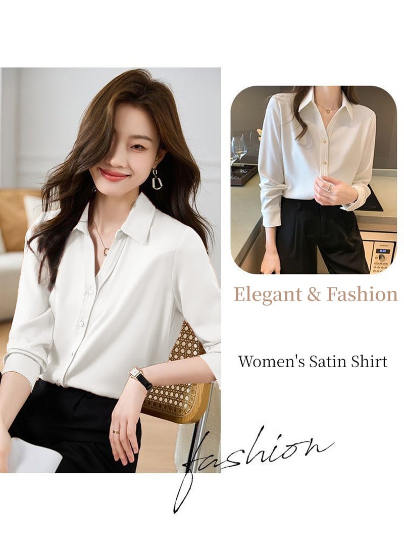 Moovant Women's Comfortable Lapel Long Sleeve Shirt, Elegant Smooth Satin V Neck Shirt, Solid Color Button Casual Professional Formal Long Sleeve Top Shirt, White  - Image 2