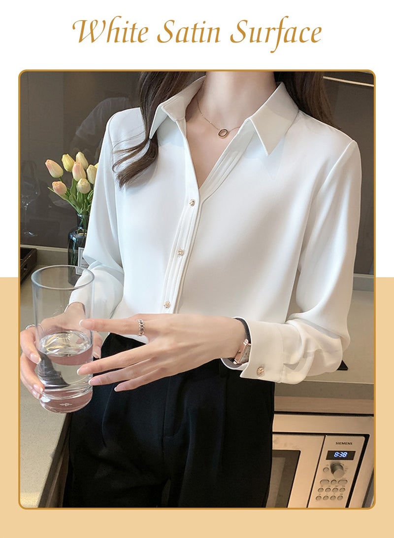 Moovant Women's Comfortable Lapel Long Sleeve Shirt, Elegant Smooth Satin V Neck Shirt, Solid Color Button Casual Professional Formal Long Sleeve Top Shirt, White  - Image 3