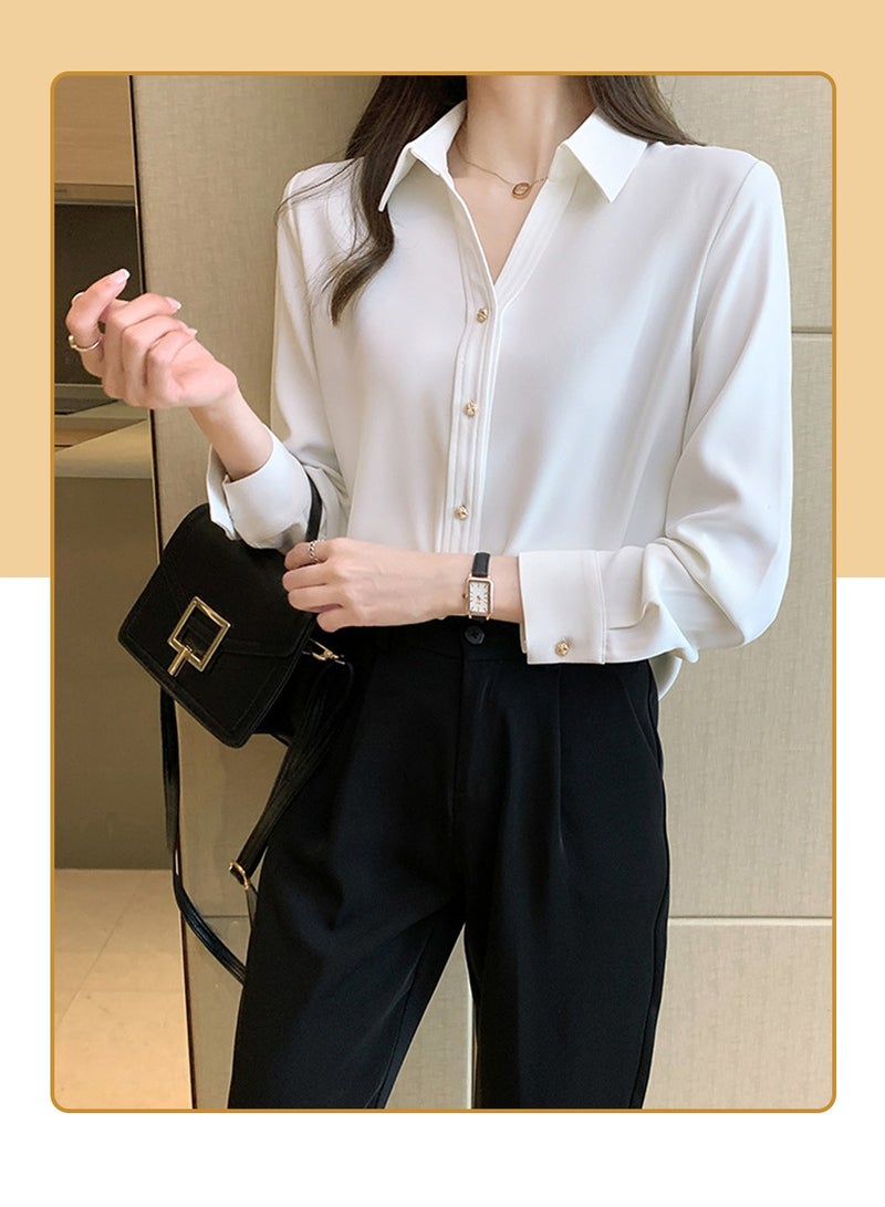 Moovant Women's Comfortable Lapel Long Sleeve Shirt, Elegant Smooth Satin V Neck Shirt, Solid Color Button Casual Professional Formal Long Sleeve Top Shirt, White  - Image 4