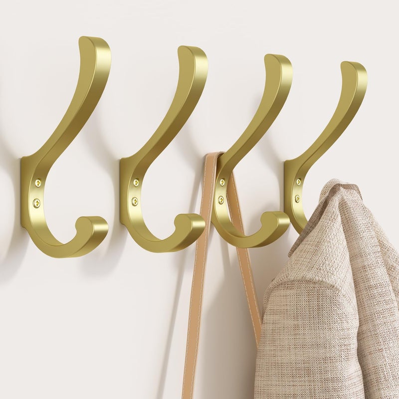 jockcaras Hanging Coat Hooks Wall Mount - Wall Hooks For Hanging Heavy Duty (30LB),Large Coat Hanger Wall Hangers,Metal Hooks For Hanging Towels,Backpack,Hat,Jacket,Key,Bag,Purse,Clothes (Gold 4 Pack) - Image 1