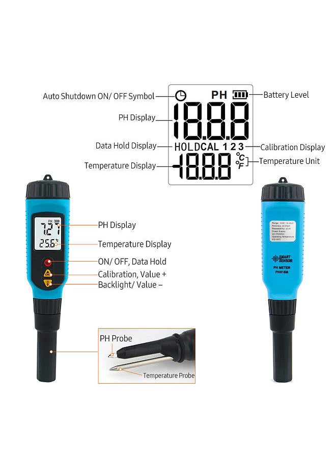 Generic - SMART SENSOR PH818M PH Meter for Food Processing 2 in 1 Food PH Tester Solution Temperature Meter LCD Backlight Digital PH Measuring Probe for Fruit Jam Paste Bread Gel Semisolid - Image 1
