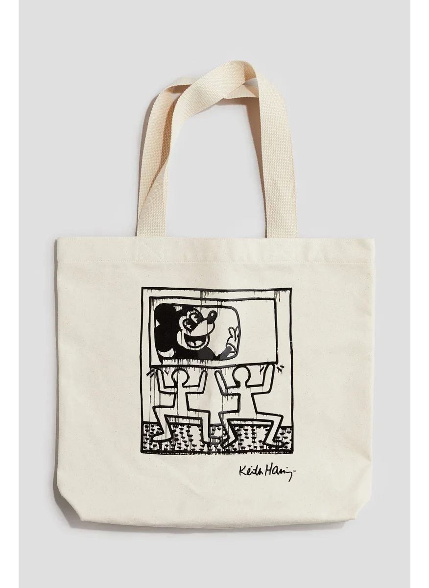 اتش اند ام Print-Motif Cotton Canvas Tote Bag