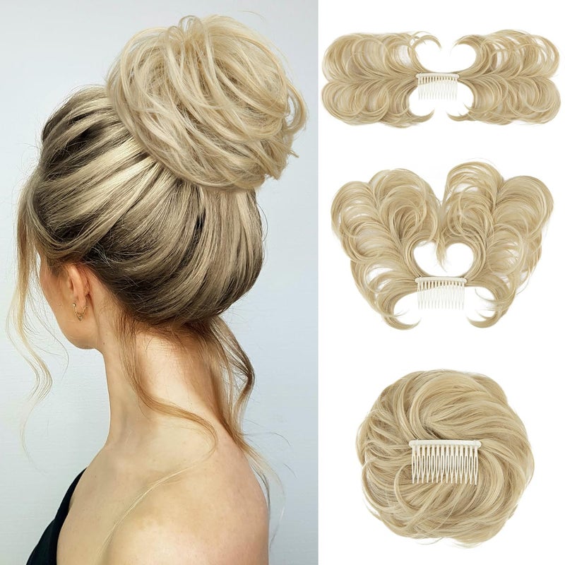 youngways Messy Bun Hair Piece Side Comb Clip in Hair Bun Hairpiece for Women Short Natural Straight Versatile Adjustable Styles Easy Hair pieces Ash BlondeC
