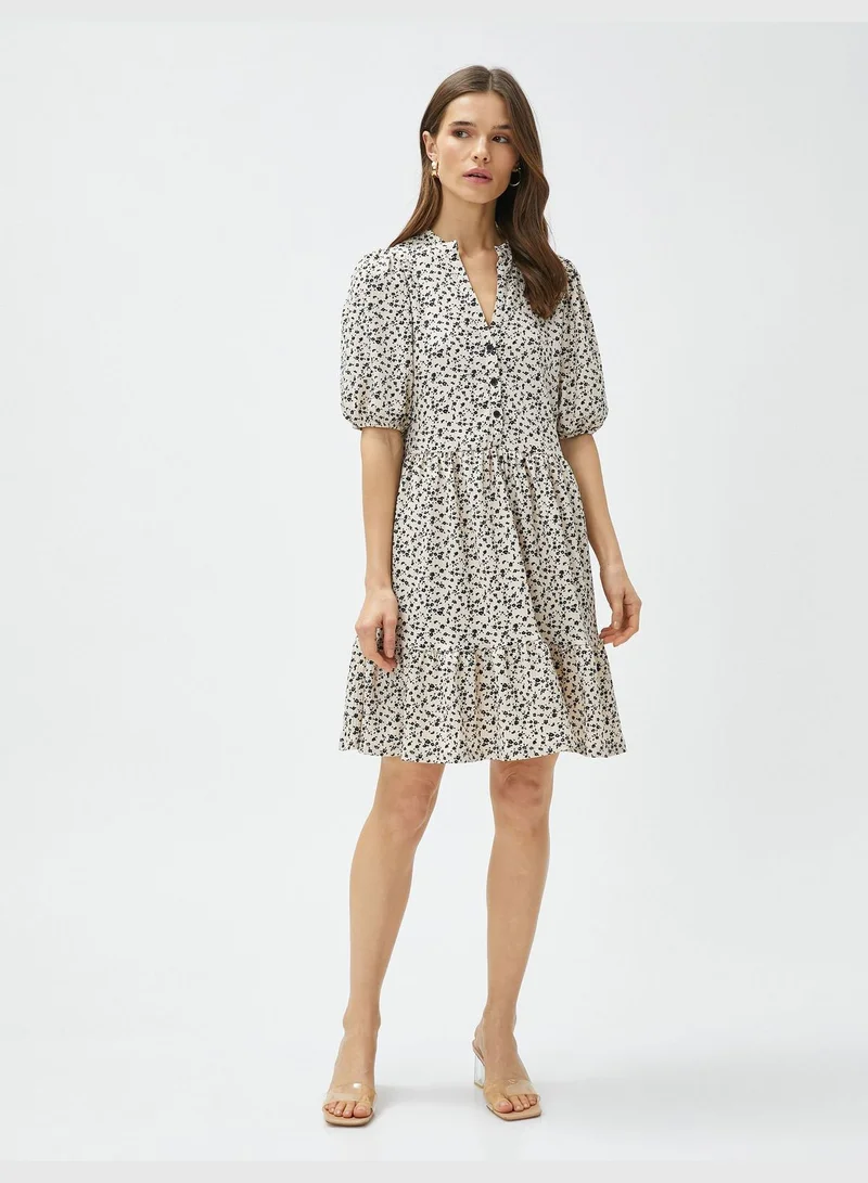 KOTON Buttoned Mandarin Neck Mini Floral Dress