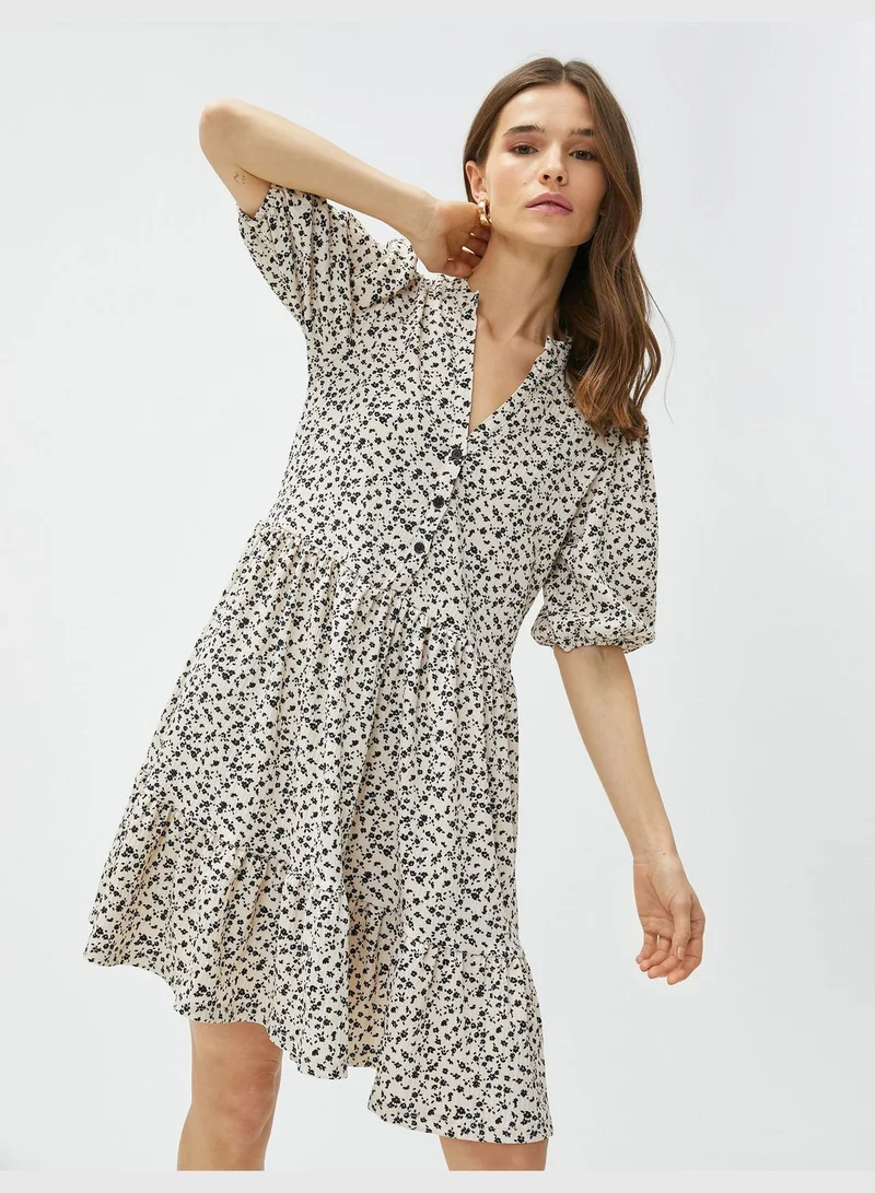 KOTON Buttoned Mandarin Neck Mini Floral Dress