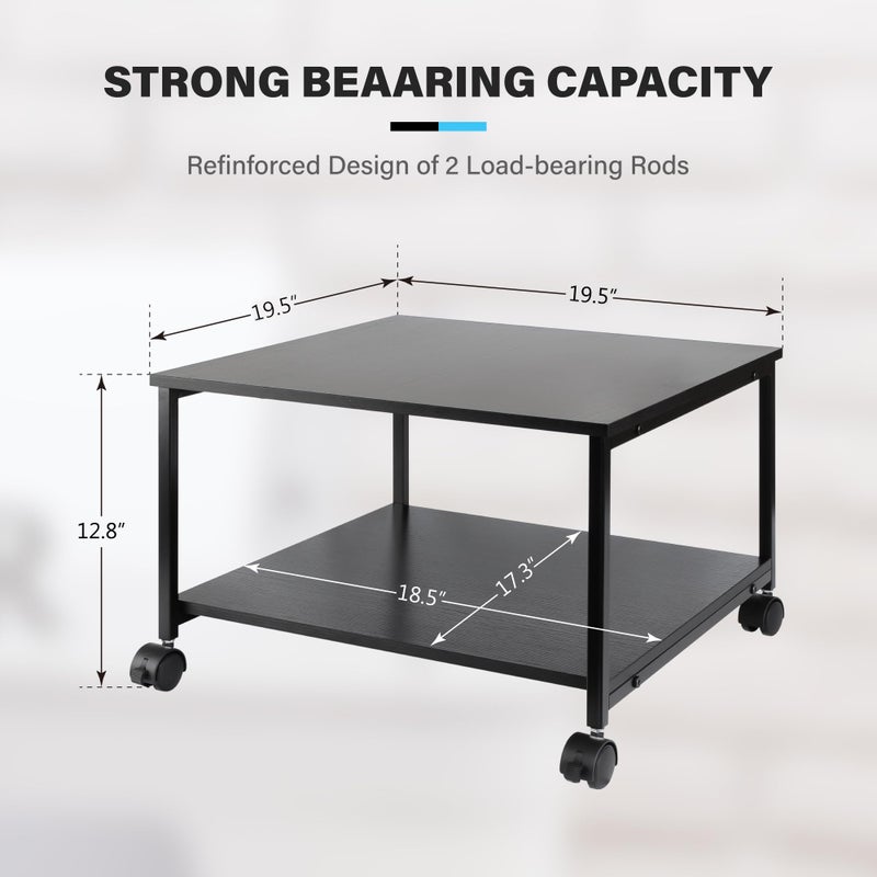 EMERIT 2-Tier Under Desk Printer Stand w/Storage - 19.5x19.5x12.8''Heavy Duty Rolling Cart, Mobile Printer Table with Lockable Wheels for Home Office Organization - Industrial Style - Image 2