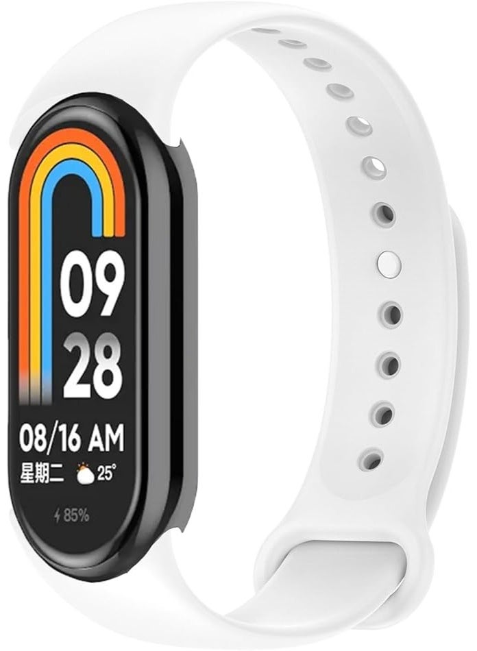 ووتش سوار سيليكون متوافق مع مى باند 8 - سوار معصم قابل للتعديل ومريح ومقاوم للعرق والماء ابيض