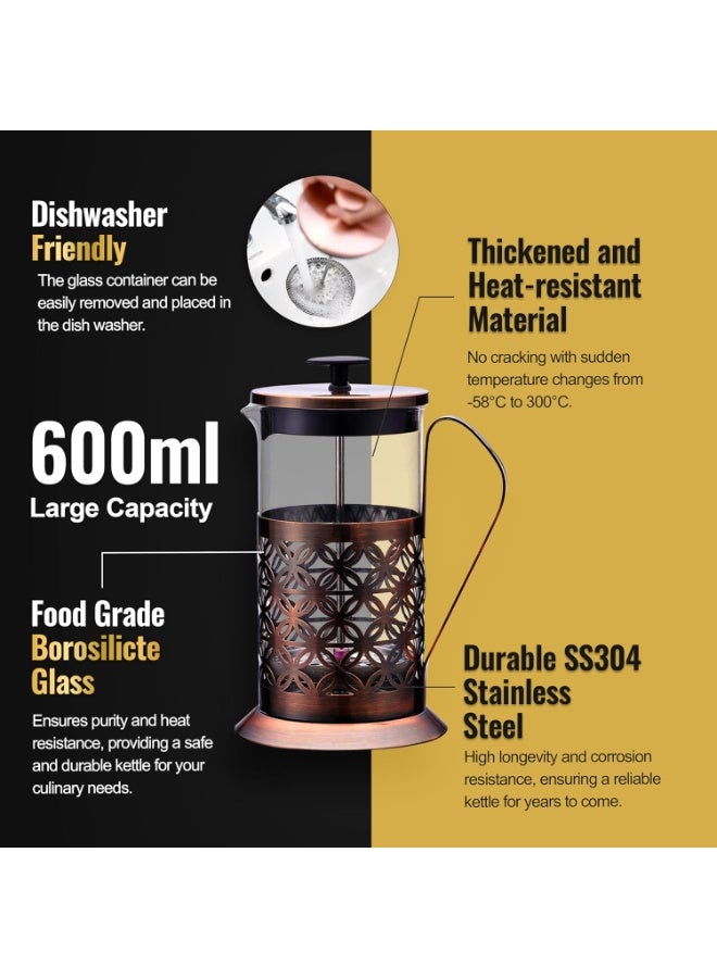 UPSCALE French Press Coffee and Tea Maker, Coffee Plunger, Brewer, Coffee Maker Pot, 4 Part Filtration, Metallic body, Borosilicate glass with 2 Extra spare filter and 1 coffee spoon, large(600ml) - Image 2