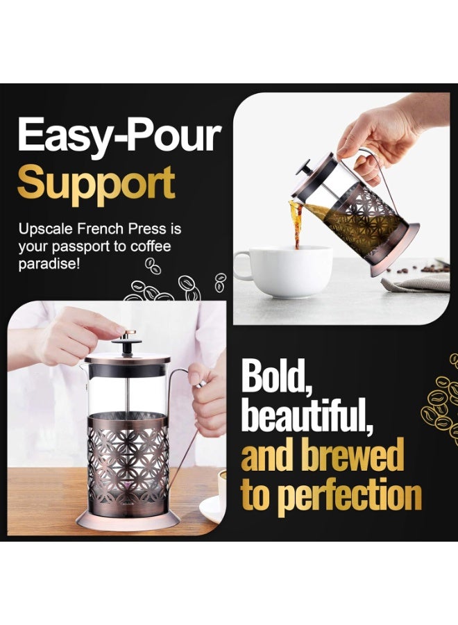 UPSCALE French Press Coffee and Tea Maker, Coffee Plunger, Brewer, Coffee Maker Pot, 4 Part Filtration, Metallic body, Borosilicate glass with 2 Extra spare filter and 1 coffee spoon, large(600ml) - Image 3