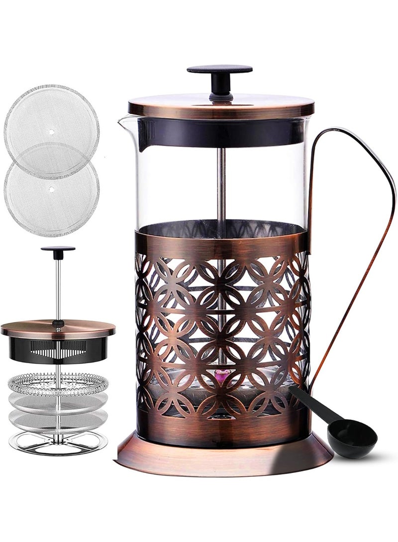 UPSCALE French Press Coffee and Tea Maker, Coffee Plunger, Brewer, Coffee Maker Pot, 4 Part Filtration, Metallic body, Borosilicate glass with 2 Extra spare filter and 1 coffee spoon, large(600ml) - Image 1