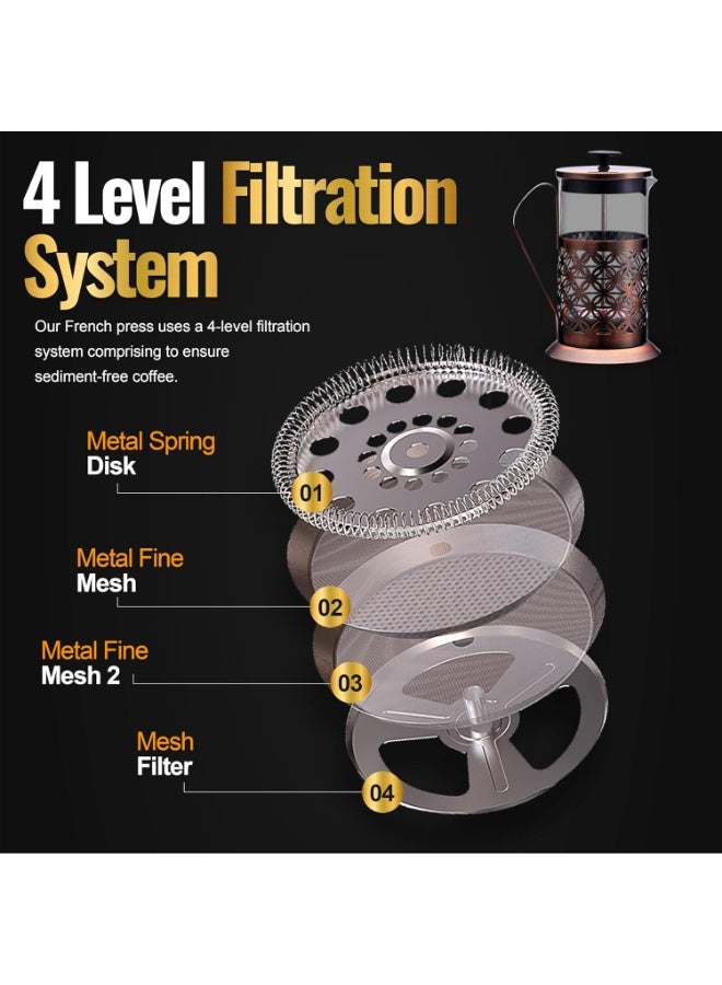 UPSCALE French Press Coffee and Tea Maker, Coffee Plunger, Brewer, Coffee Maker Pot, 4 Part Filtration, Metallic body, Borosilicate glass with 2 Extra spare filter and 1 coffee spoon, large(600ml) - Image 4