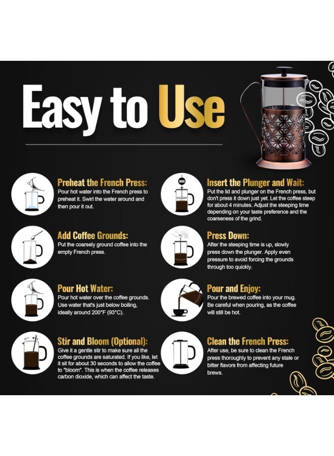 UPSCALE French Press Coffee and Tea Maker, Coffee Plunger, Brewer, Coffee Maker Pot, 4 Part Filtration, Metallic body, Borosilicate glass with 2 Extra spare filter and 1 coffee spoon, large(600ml) - Image 5