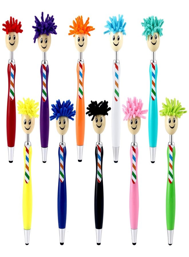 ZLSPTK 10Pcs Mop Head Pens Fun Mop Ballpoint Pen with Plush Hair Smile Face Toppers Multifunctional Novelty Cartoon Click Signing Stylus Pens for Office Supplies Funny Pen Birthday Gifts for Adults - Image 1