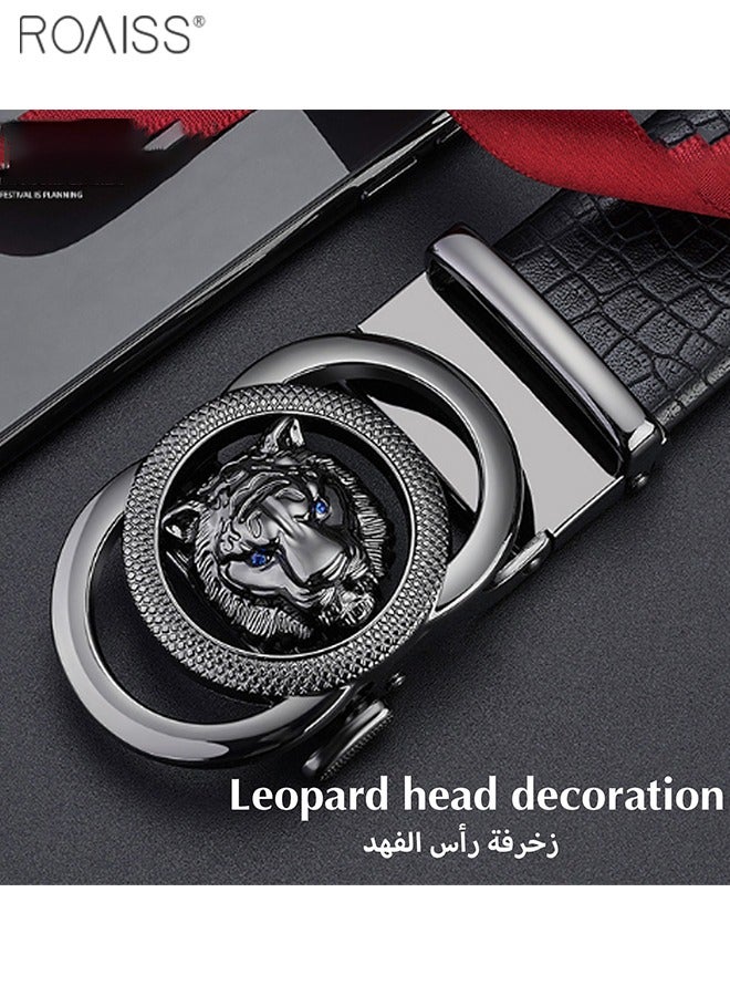 roaiss Men's Cowhide Alloy Buckle Belt Fashionable Leopard Head Style Automatic Buckle Belt Soft Textured Cowhide Belt  - Image 3