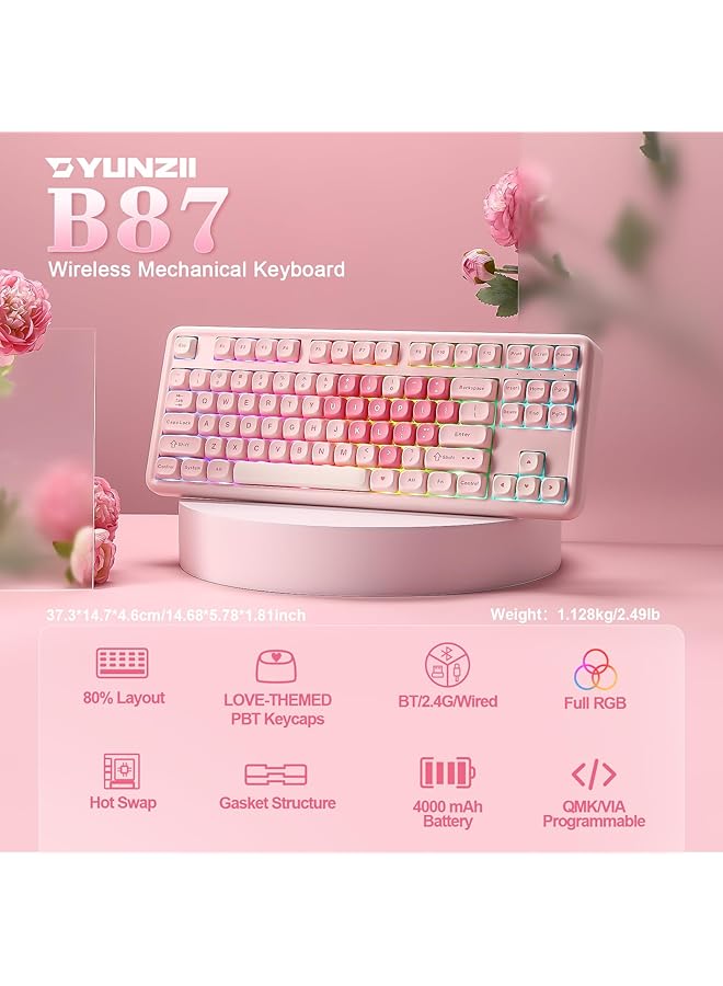 YUNZII B87 Wireless Mechanical Keyboard Qmk/Via Software Custom Gaming Keyboard Gasket Rgb With Cute Moa Keycaps Wrist Rest Bt5.0/2.4G/Usb C Nkro For Win/Mac (Pink Cocoa Cream V2 Switch)  - Image 2