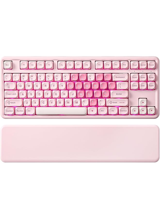 YUNZII B87 Wireless Mechanical Keyboard Qmk/Via Software Custom Gaming Keyboard Gasket Rgb With Cute Moa Keycaps Wrist Rest Bt5.0/2.4G/Usb C Nkro For Win/Mac (Pink Cocoa Cream V2 Switch)  - Image 1