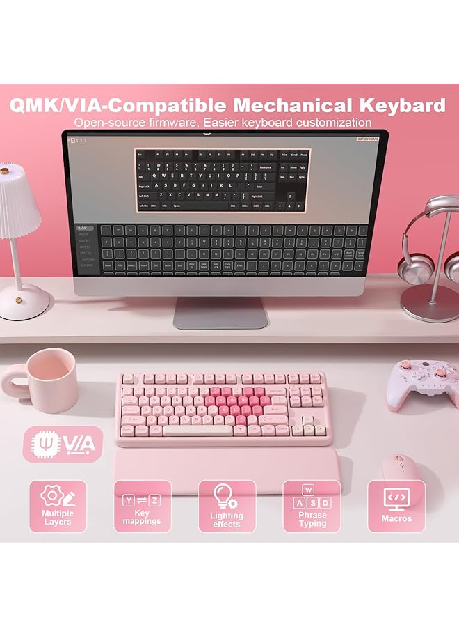 YUNZII B87 Wireless Mechanical Keyboard Qmk/Via Software Custom Gaming Keyboard Gasket Rgb With Cute Moa Keycaps Wrist Rest Bt5.0/2.4G/Usb C Nkro For Win/Mac (Pink Cocoa Cream V2 Switch)  - Image 5