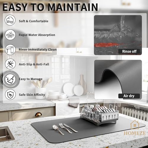 Homeze Large Dish Drying Mat for Kitchen 40x60 cm – Super Water Absorbent Quick Dry Mat for Utensils | Non-Slip Absorbing Rubber Backing Countertop Pad for Dishes, Coffee Station & Multi-Purpose Use - Image 3