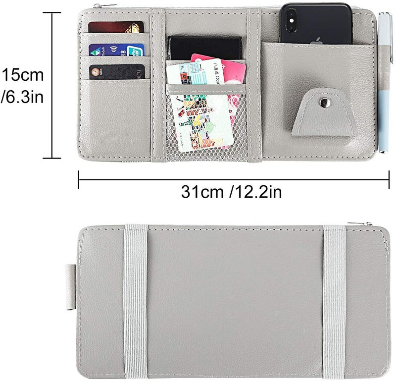 HSR Car Accessories Car Sun Visor Organizer, Sunglass Pen Card Small Document Storage Pouch Holder, PU Leather, Multi-Pocket with Zipper Net (Grey) - Image 3