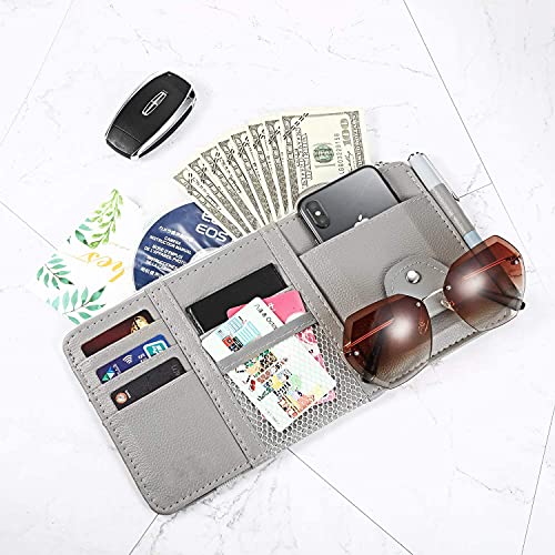 HSR Car Accessories Car Sun Visor Organizer, Sunglass Pen Card Small Document Storage Pouch Holder, PU Leather, Multi-Pocket with Zipper Net (Grey) - Image 5