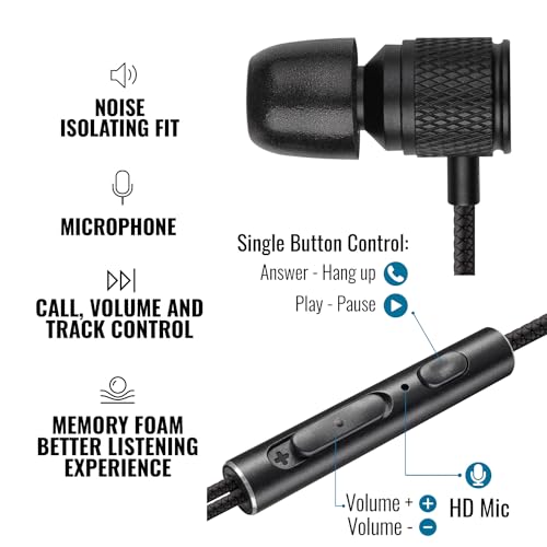 LUDOS Ultra Wired Earbuds in-Ear Headphones, 5 Years Warranty, Earphones with Microphone, Noise Isolating Ear Buds, Memory Foam for iPhone, Samsung, School Students, Kids, Women, Small Ears - Black - Image 2