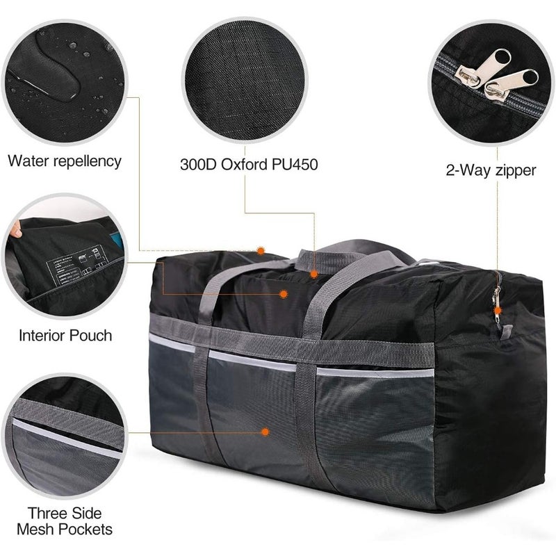 Travel bag for outdoor sports, waterproof polyester, black, foldable lightweight design with 75L/96L/100L capacity - Image 3