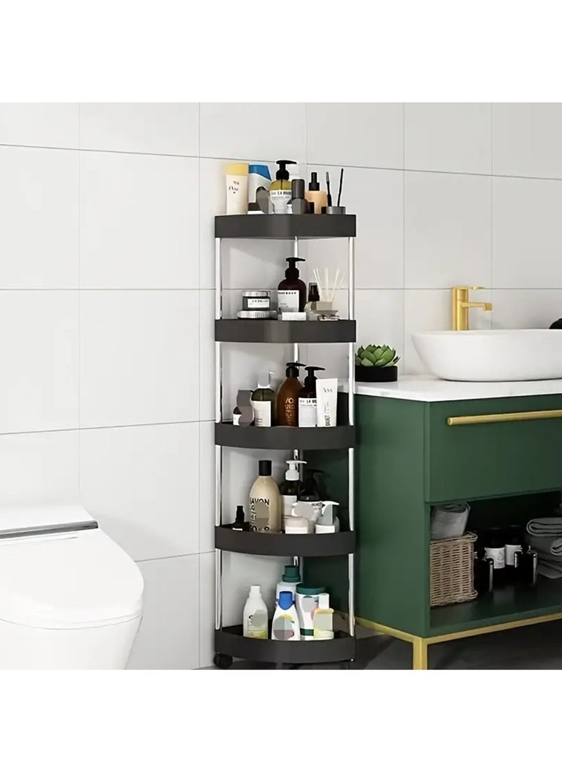 Hihonor Corner Storage Shelf Bathroom, 5 Tiers Movable Storage Rack with Detachable Rolling Wheels, Large Capacity Space Saving Corner Organizer, Hollow-Out Drainage Hole Design, Black  - Image 4