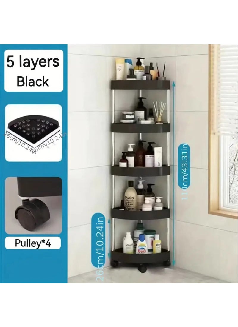 Hihonor Corner Storage Shelf Bathroom, 5 Tiers Movable Storage Rack with Detachable Rolling Wheels, Large Capacity Space Saving Corner Organizer, Hollow-Out Drainage Hole Design, Black  - Image 1