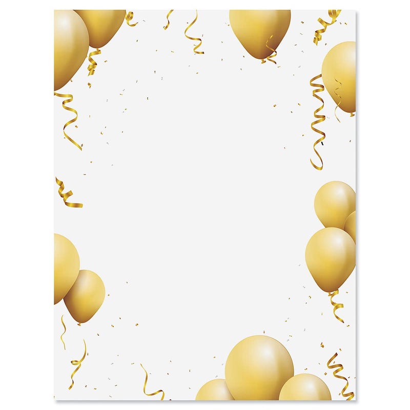 Current Gold Balloons Anniversary Letter Paper - Birthday Stationery Papers With Decorative Border Designs, Printable Holiday, Wedding, & Party Invitation Letterhead Sheets, Set of 25, 8 1/2" x 11"