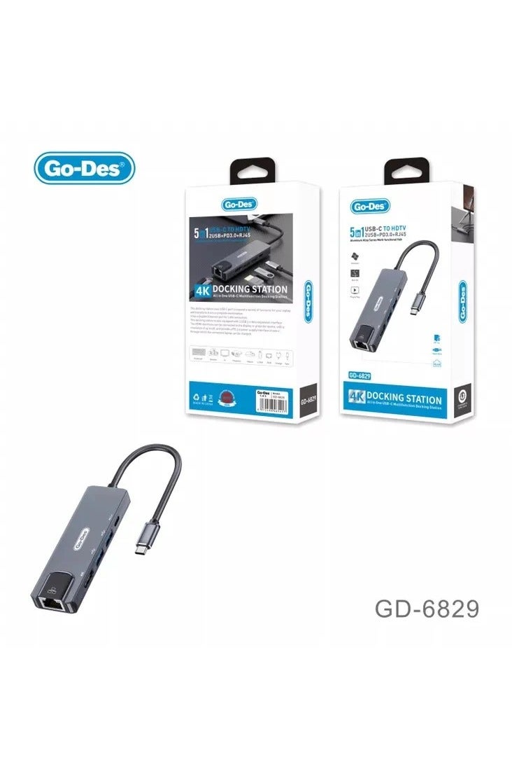 GO-DES 5 in1 Type C to HDTV 2 USB +PD3.0+RJ45 4K high speed,3.0 data expansion interface 3.0 power supply interface of USB-C - Image 1