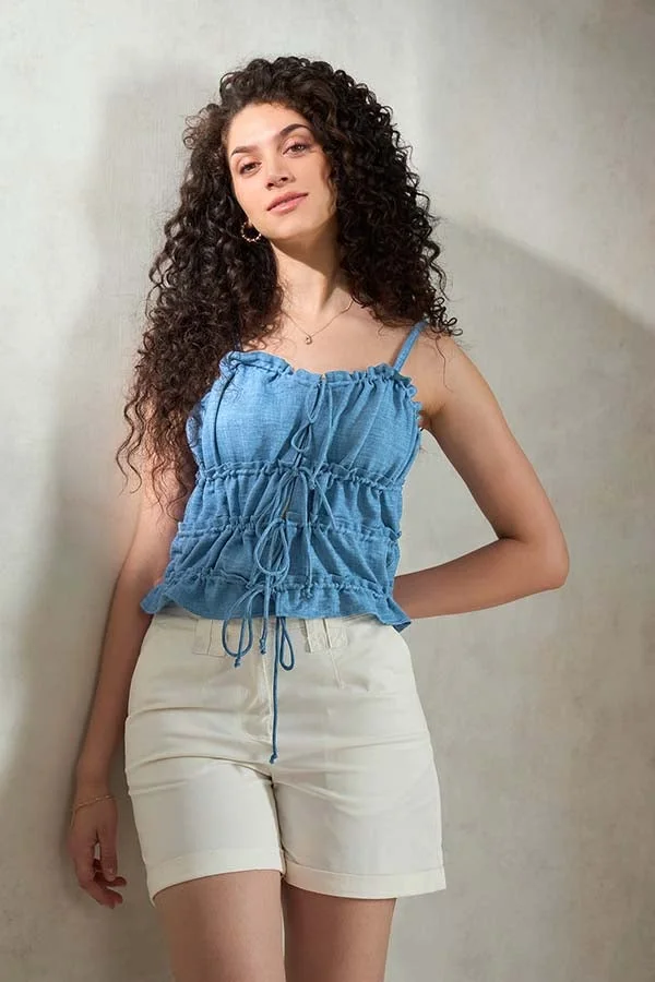 Virgio VIRGIO Linen Tiered Cami Front Tie-Up Top