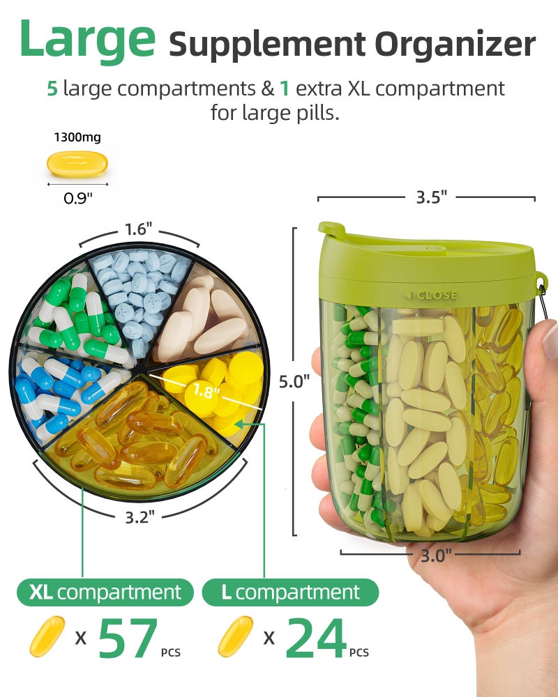 PULIV Large Pill Bottle Organizer, Supplement Organizer for Holding 6 Various Vitamins, Pill Box Case with Anti-Mixing & Wide Opening Design, Easy to Retrieve Meds and 20 Pcs Stick-on Labels, Green - Image 2