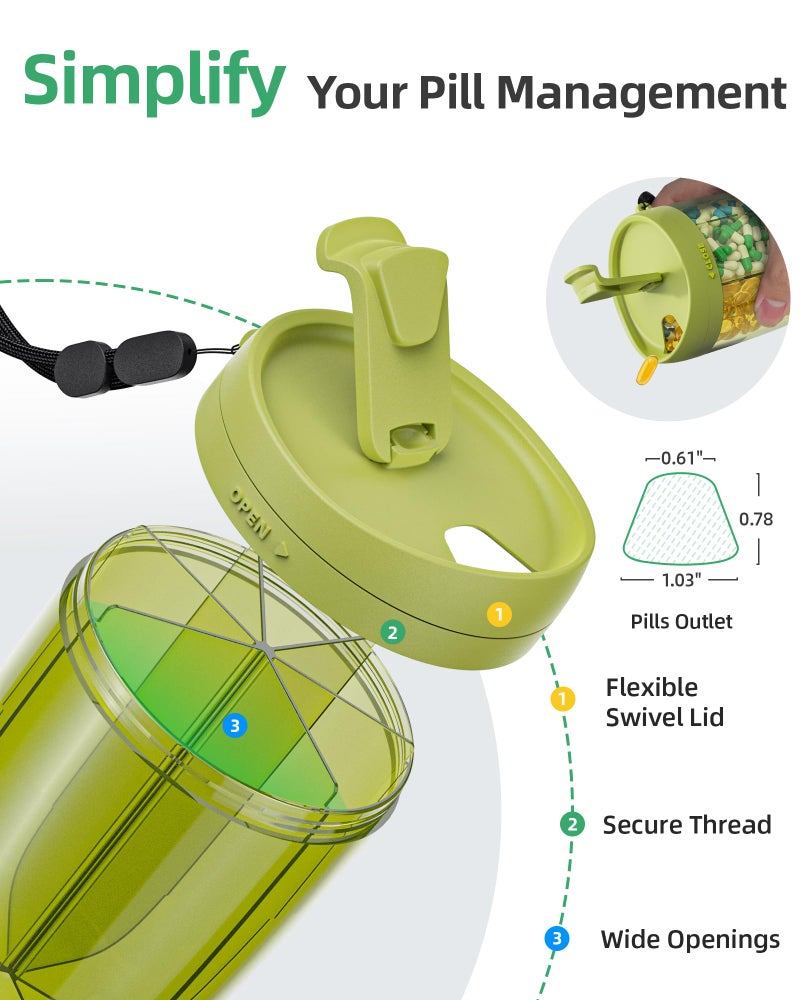 PULIV Large Pill Bottle Organizer, Supplement Organizer for Holding 6 Various Vitamins, Pill Box Case with Anti-Mixing & Wide Opening Design, Easy to Retrieve Meds and 20 Pcs Stick-on Labels, Green - Image 3