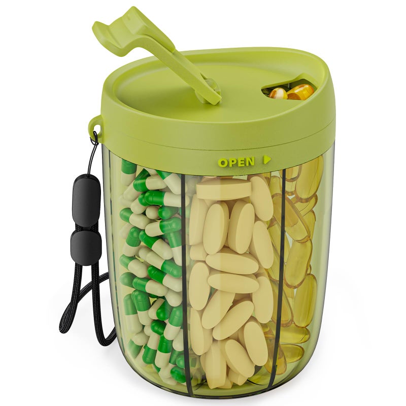 PULIV Large Pill Bottle Organizer, Supplement Organizer for Holding 6 Various Vitamins, Pill Box Case with Anti-Mixing & Wide Opening Design, Easy to Retrieve Meds and 20 Pcs Stick-on Labels, Green - Image 1